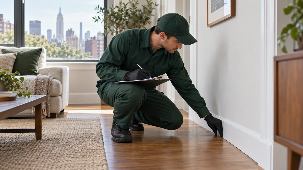 Pest control technician documenting an apartment inspection near a baseboard
