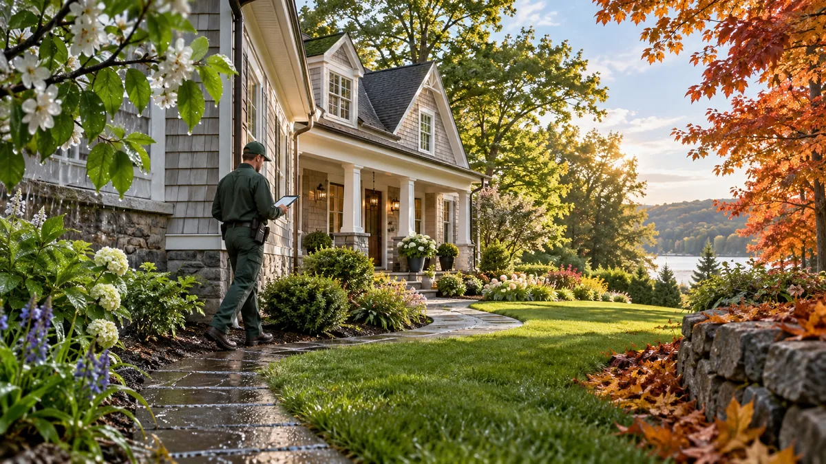 Pest technician inspecting a northeastern home as the landscape changes from spring to fall