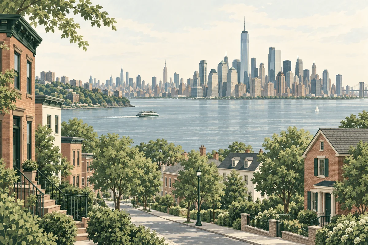 Illustration of New Jersey homes overlooking the Hudson River and New York skyline